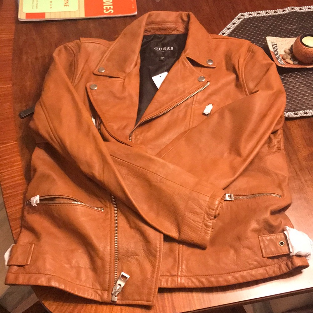 Guess Volt Leather Biker Jacket..... new cognac